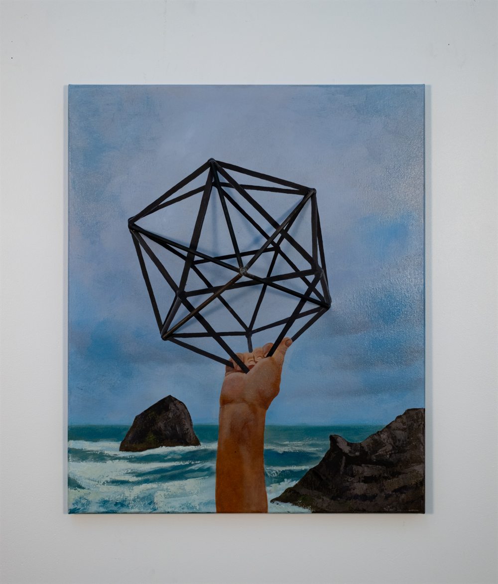 Haystack Icosahedron Water Elemental &mdash; Oil and steel on canvas &mdash; 24&rdquo; x 20&rdquo; x 3 ⅝&rdquo;