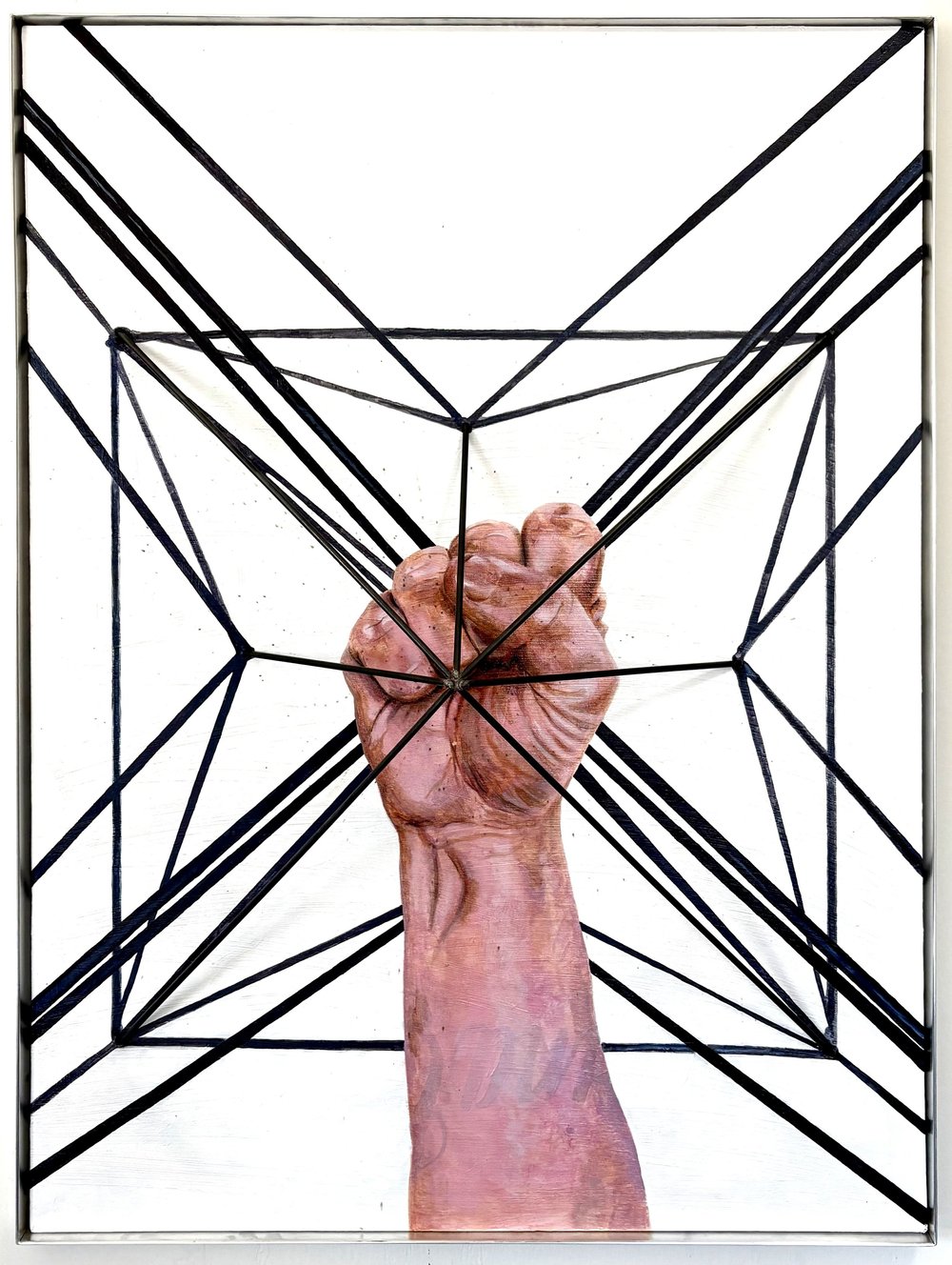Platonic Solidarity — Oil on canvas, 1/4" mild steel rod, aluminum frame — 36 ⅜” x 48 ⅜” x 1 ½”